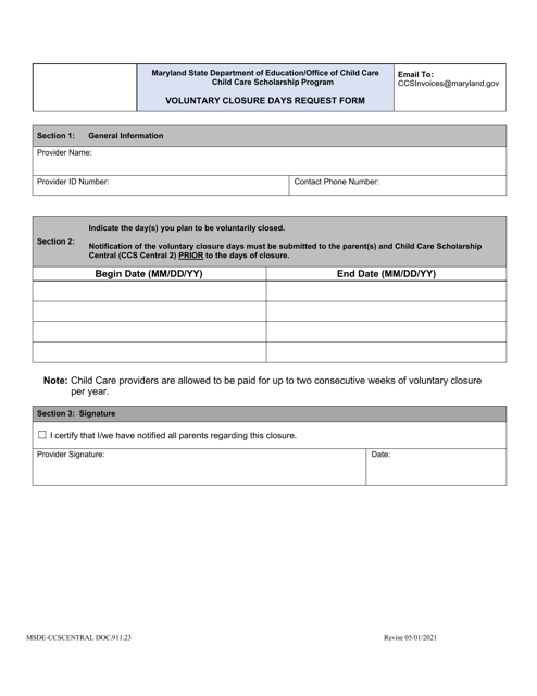 Form DOC.911.23 Voluntary Closure Days Request Form - Child Care Scholarship Program - Maryland