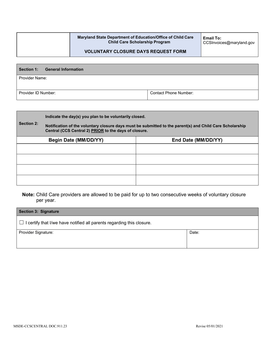 Form DOC.911.23 Voluntary Closure Days Request Form - Child Care Scholarship Program - Maryland, Page 1