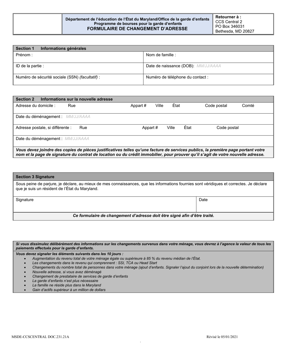 Form DOC.231.21A Change of Address Form - Child Care Scholarship Program - Maryland (French), Page 1