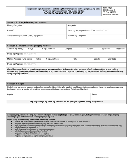 Form DOC.231.21A Change of Address Form - Child Care Scholarship Program - Maryland (Tagalog)