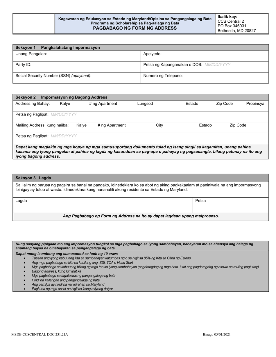Form DOC.231.21A Change of Address Form - Child Care Scholarship Program - Maryland (Tagalog), Page 1