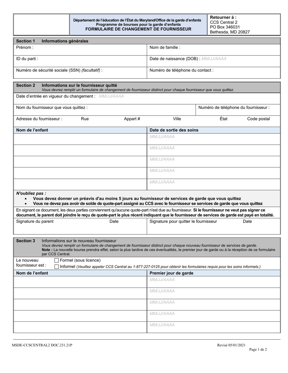 Form DOC.231.21P Provider Change Form - Child Care Scholarship Program - Maryland (French), Page 1