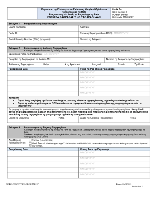 Form DOC.231.21P Provider Change Form - Child Care Scholarship Program - Maryland (Tagalog)