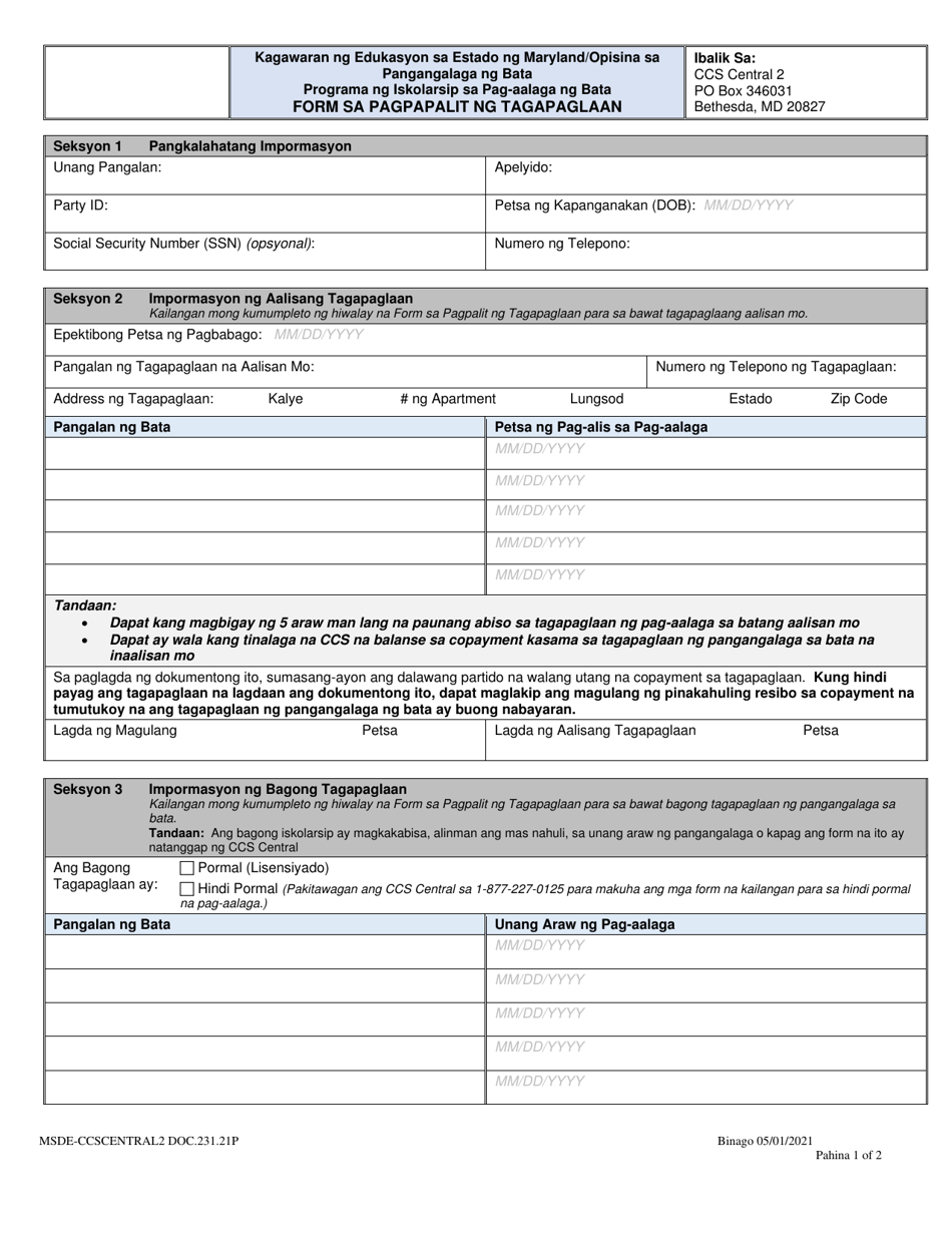 Form DOC.231.21P Provider Change Form - Child Care Scholarship Program - Maryland (Tagalog), Page 1
