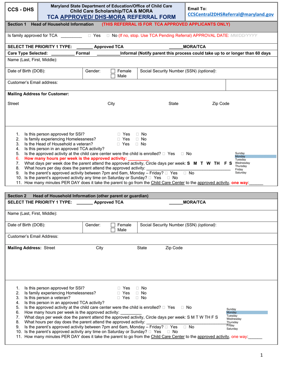 Tca Approved / DHS-Mora Referral Form - Maryland, Page 1