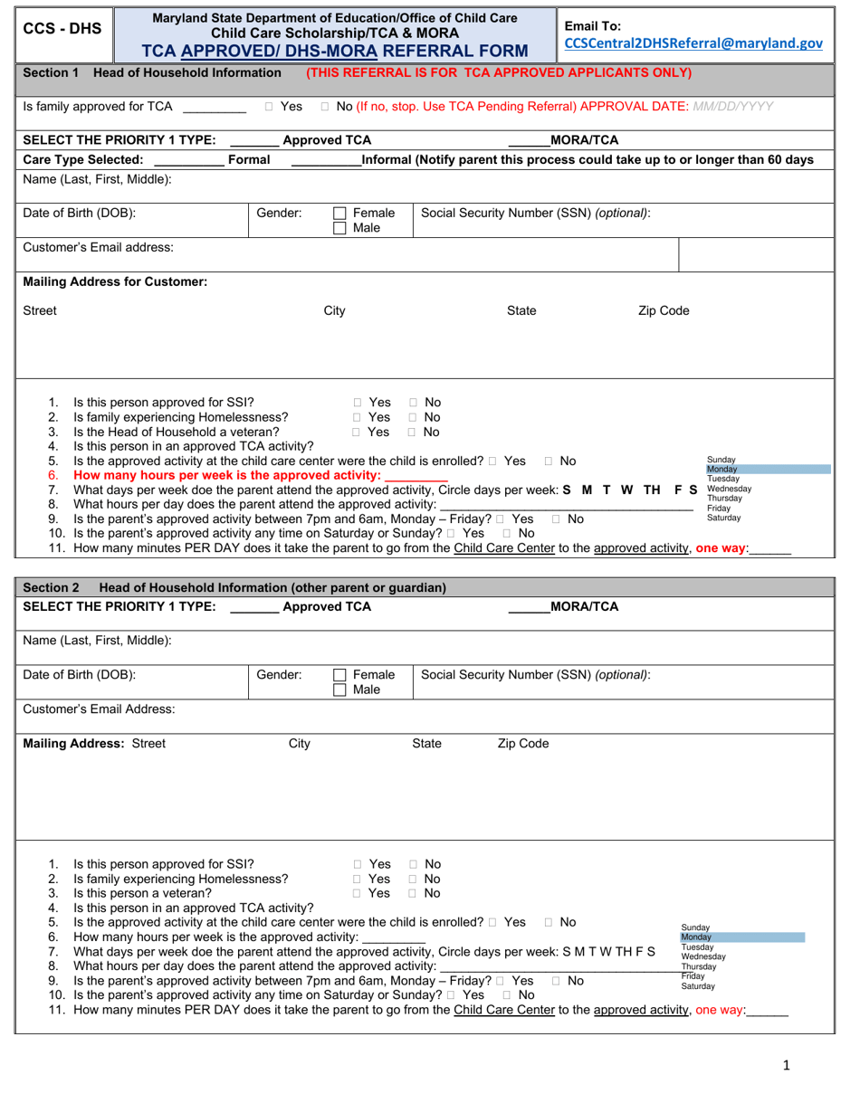 Maryland Tca Approved/DHSMora Referral Form Download Fillable PDF