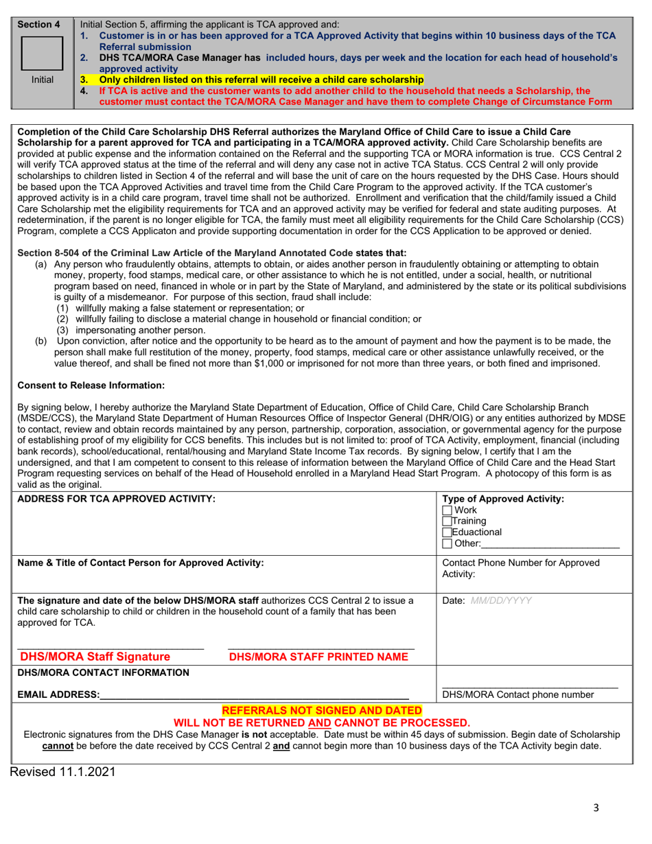 Tca Approved / DHS-Mora Referral Form - Maryland, Page 3