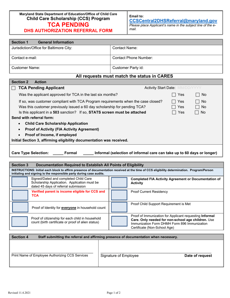 Tca Pending DHS Authorization Referral Form - Maryland, Page 1