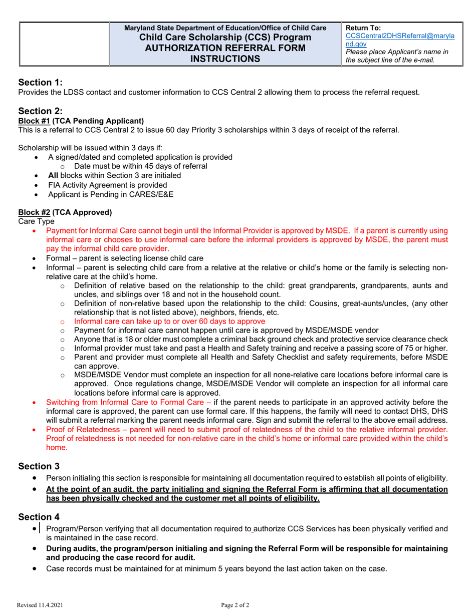 Tca Pending DHS Authorization Referral Form - Maryland, Page 2