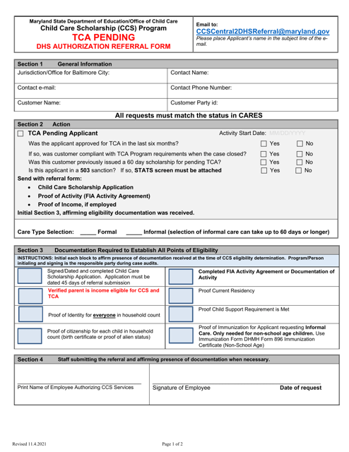 Tca Pending DHS Authorization Referral Form - Maryland Download Pdf