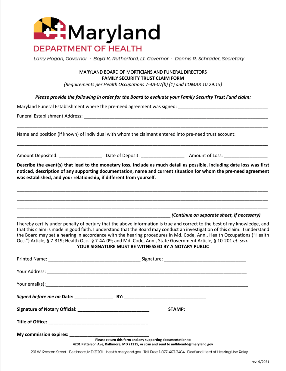 Family Security Trust Claim Form - Maryland, Page 1