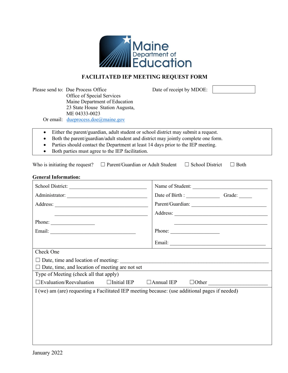 Facilitated Iep Meeting Request Form - Maine, Page 1