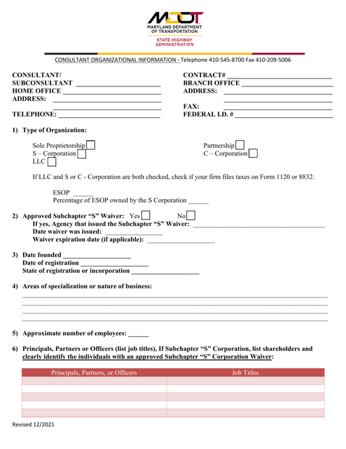Consultant Organizational Information Form - Maryland