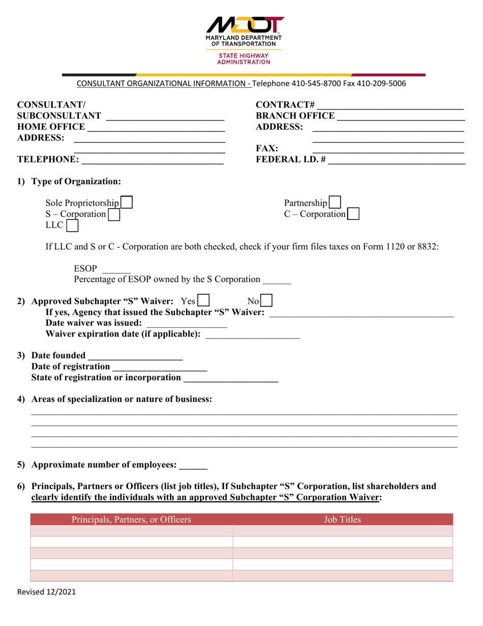 Consultant Organizational Information Form - Maryland, Page 1