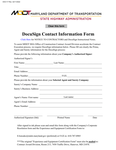 Form OOC117 Docusign Contact Information Form - Maryland