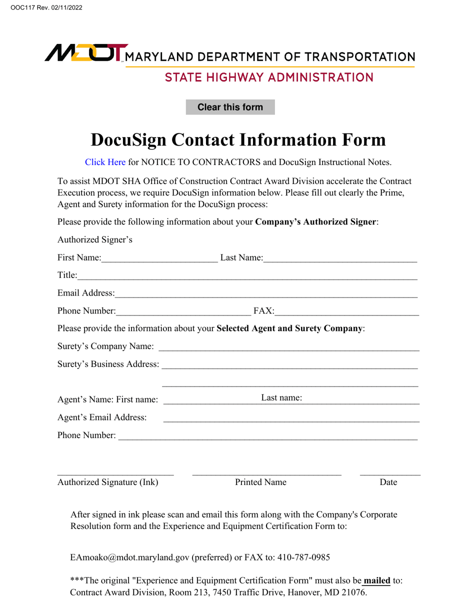 Form OOC117 Docusign Contact Information Form - Maryland, Page 1