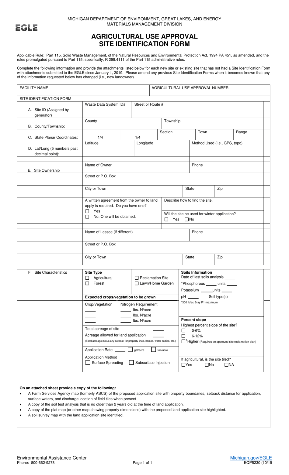 Form EQP5230 Agricultural Use Approval Site Identification Form - Michigan, Page 1