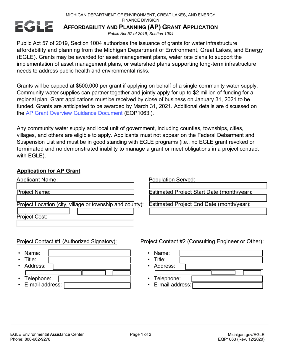 Form EQP1063 Affordability and Planning (Ap) Grant Application - Michigan, Page 1