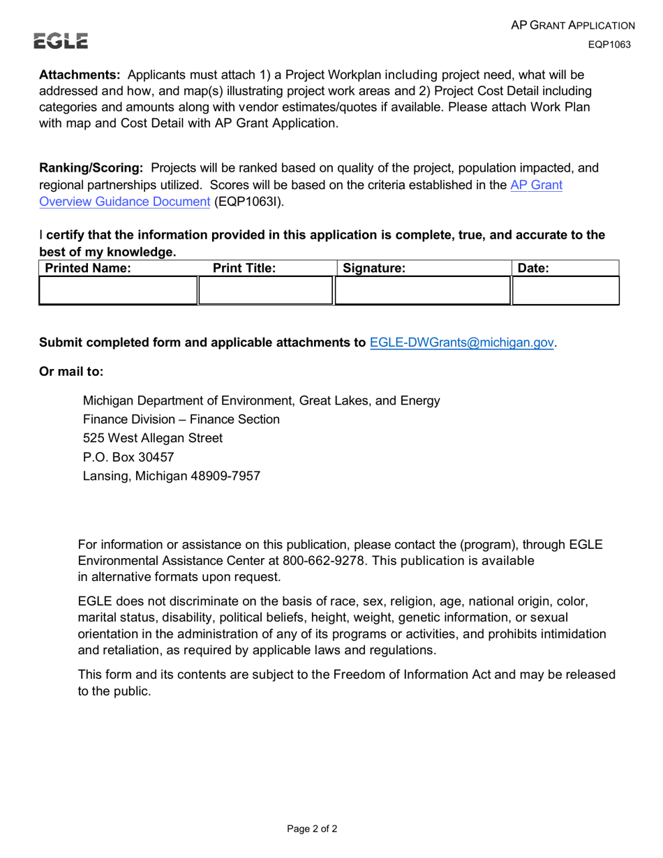 Form EQP1063 Affordability and Planning (Ap) Grant Application - Michigan, Page 2