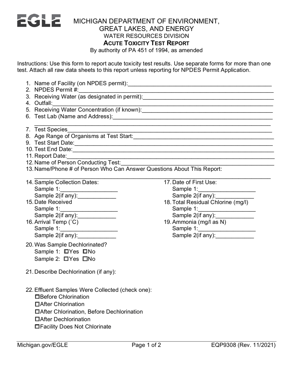 Form EQP9308 Acute Toxicity Test Report - Michigan, Page 1