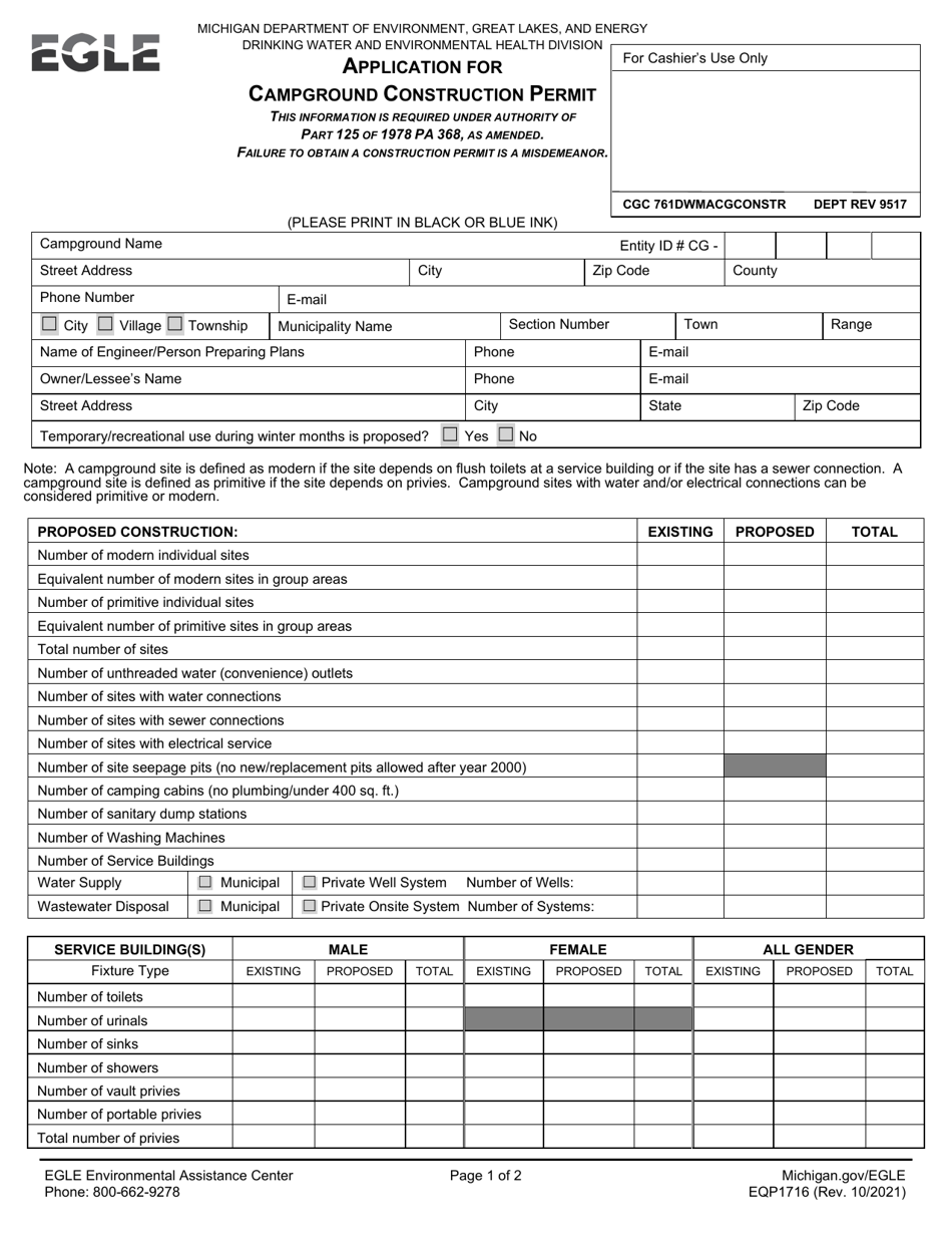 Form EQP1716 Application for Campground Construction Permit - Michigan, Page 1