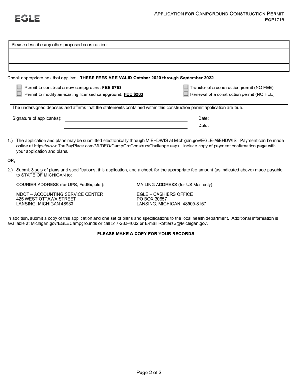 Form EQP1716 Application for Campground Construction Permit - Michigan, Page 2