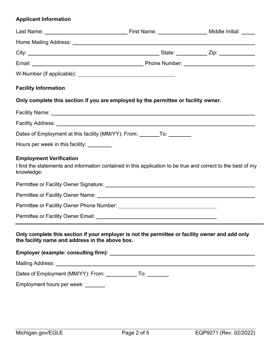 Form EQP9271 Application for a-1a (Special) and a-1h (Non-contact Cooling Water) Certification - Michigan, Page 2
