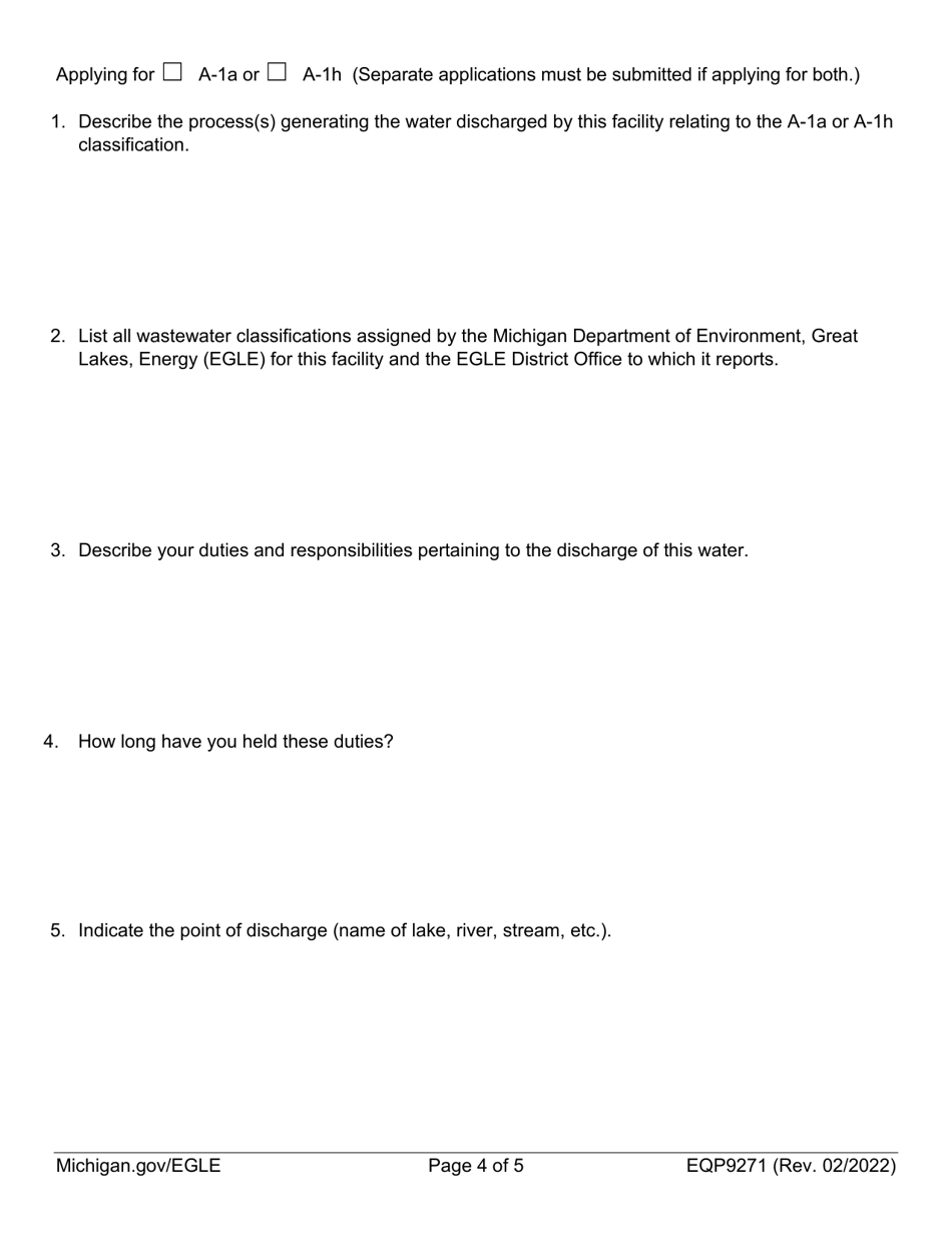 Form EQP9271 Application for a-1a (Special) and a-1h (Non-contact Cooling Water) Certification - Michigan, Page 4