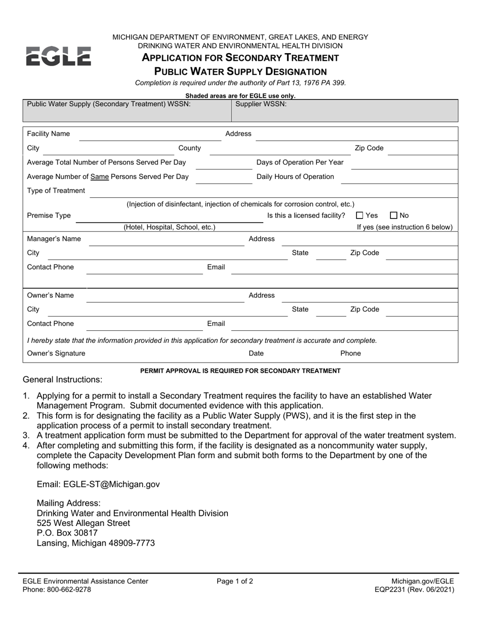 Form EQP2231 Application for Secondary Treatment Public Water Supply Designation - Michigan, Page 1
