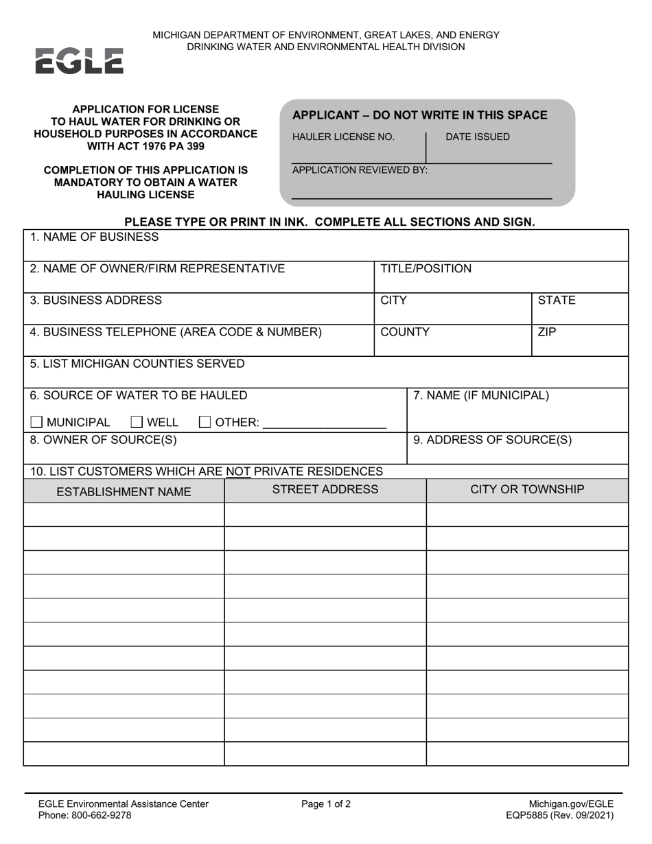Form EQP5885 Application for License to Haul Water for Drinking or Household Purposes in Accordance With Act 1976 Pa 399 - Michigan, Page 1