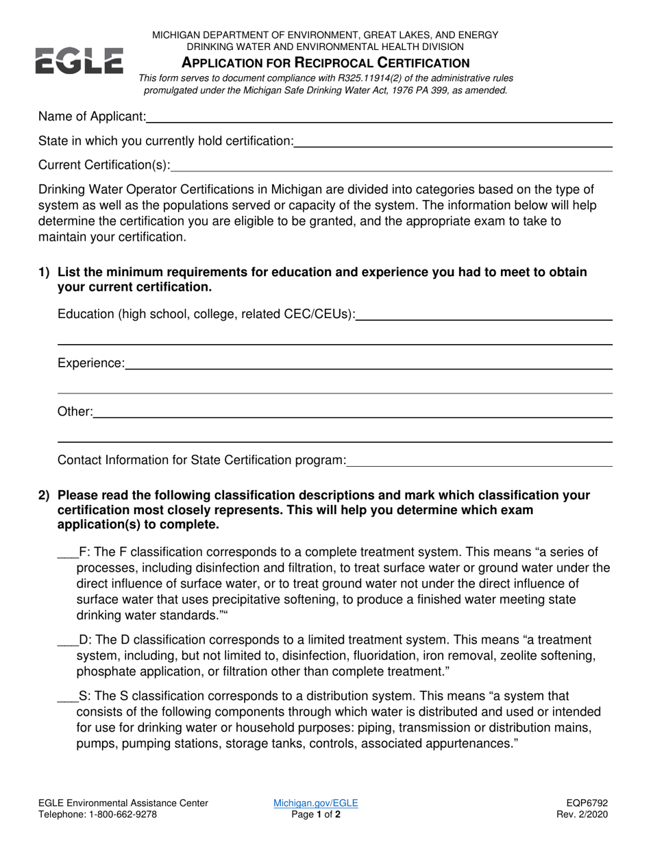 Form EQP6792 Application for Reciprocal Certification - Michigan, Page 1