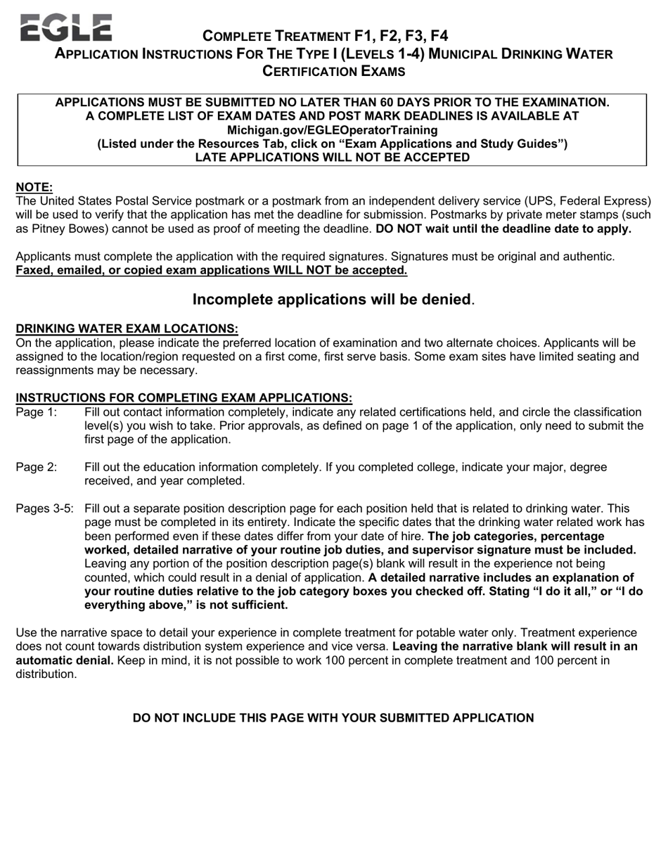 Form EQP3423 Application for Complete Treatment Certification - Michigan, Page 1