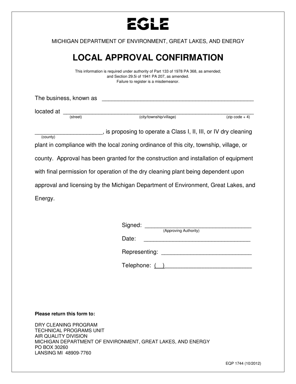 Form EQP1744 Local Approval Confirmation - Dry Cleaning Program - Michigan, Page 1