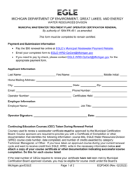 Document preview: Form EQP3400 Municipal Wastewater Treatment Plant Operator Certification Renewal - Michigan