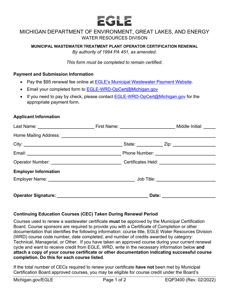 Form EQP3400 Municipal Wastewater Treatment Plant Operator Certification Renewal - Michigan, Page 1