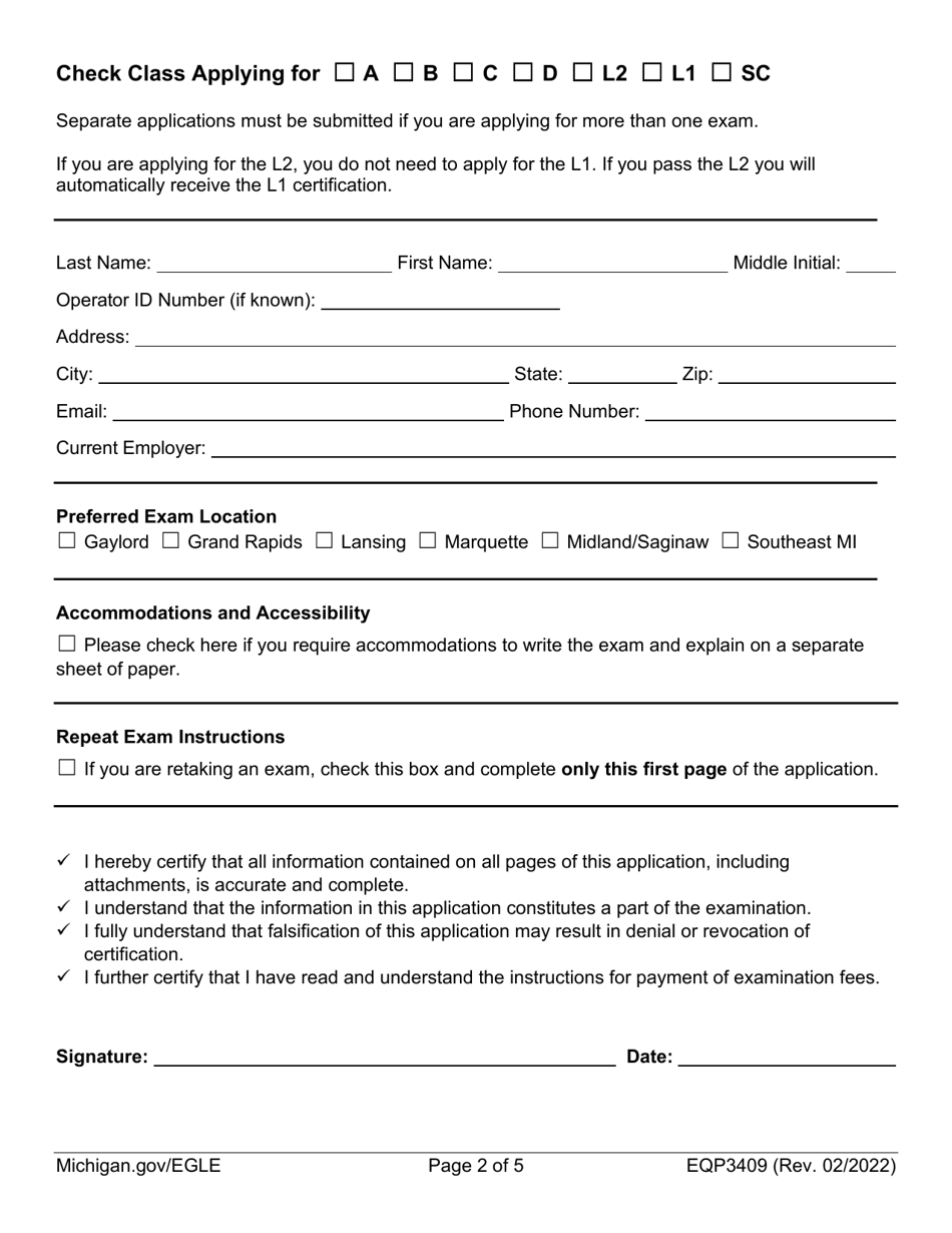 Form EQP3409 Application for Municipal Wastewater Treatment Plant Operator Certification - Michigan, Page 2