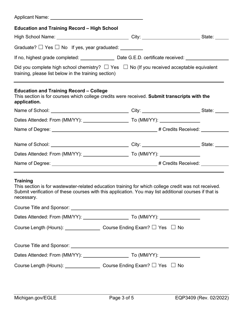 Form EQP3409 Application for Municipal Wastewater Treatment Plant Operator Certification - Michigan, Page 3