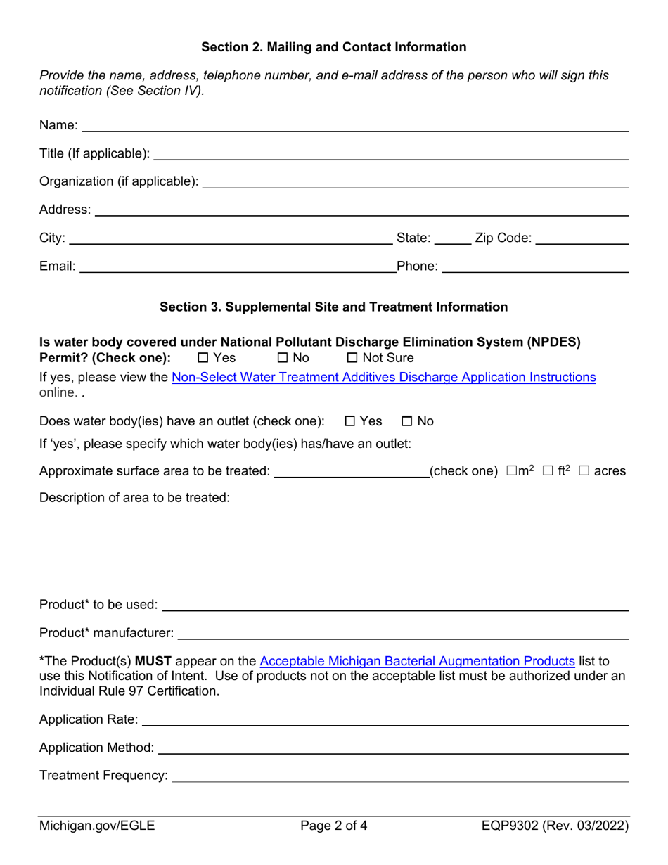 Form EQP9302 Notification of Intent to Treat Certification of Approval Authorizing Bacterial Augmentation in Surface Waters - Michigan, Page 2