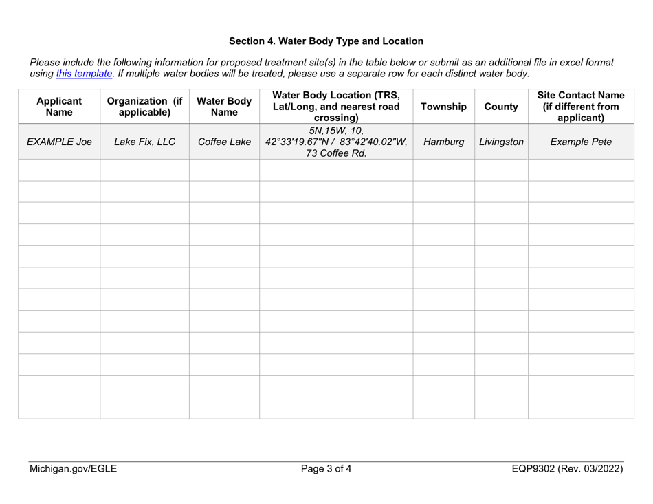 Form EQP9302 Notification of Intent to Treat Certification of Approval Authorizing Bacterial Augmentation in Surface Waters - Michigan, Page 3
