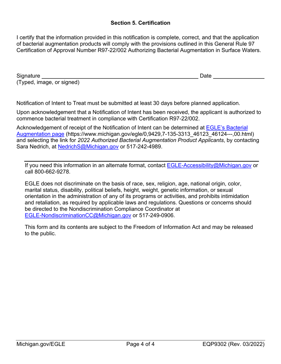 Form EQP9302 Notification of Intent to Treat Certification of Approval Authorizing Bacterial Augmentation in Surface Waters - Michigan, Page 4