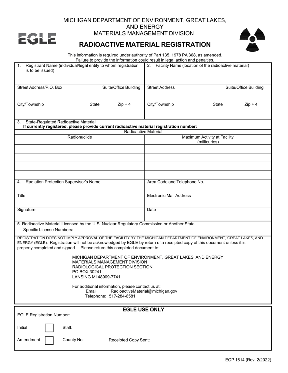 Form EQP1614 Radioactive Material Registration - Michigan, Page 1