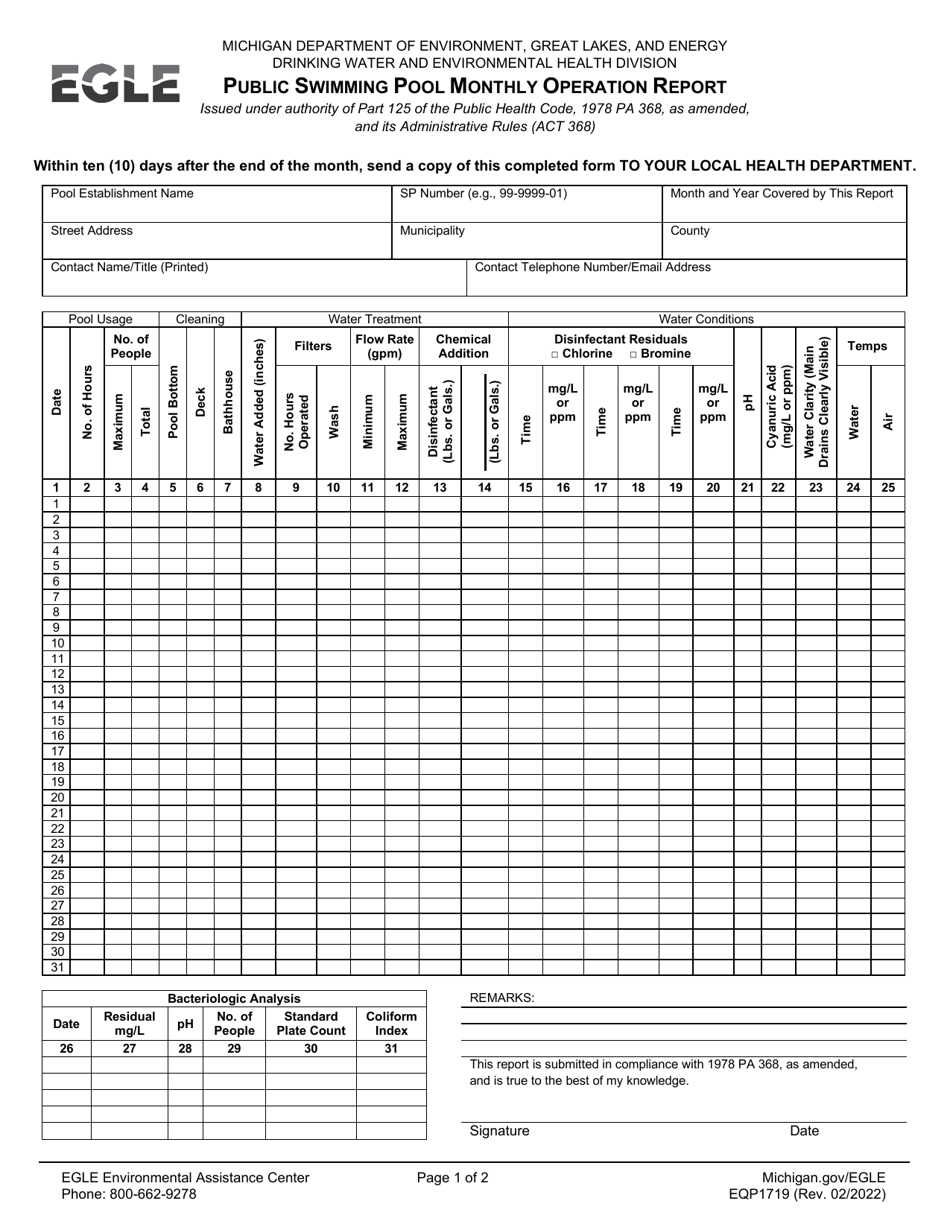 Form EQP1719 Public Swimming Pool Monthly Operation Report - Michigan, Page 1
