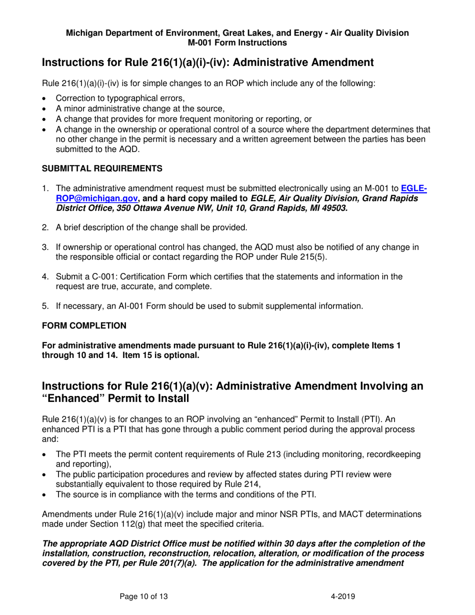 Instructions for Form M-001, EQP5775 Renewable Operating Permit - Rule 215 Change Notification or Rule 216 Amendment / Modification Application - Michigan, Page 10