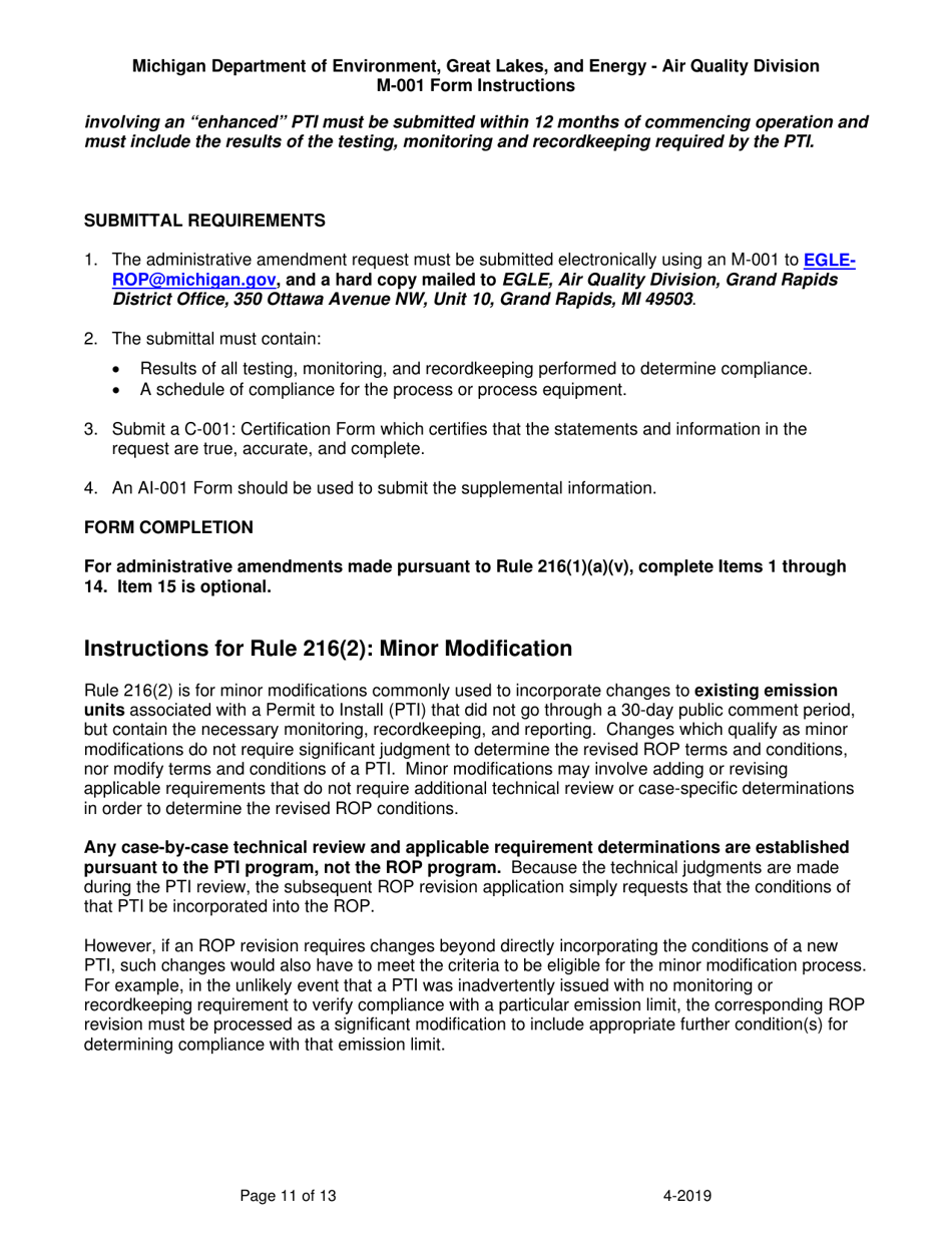 Instructions for Form M-001, EQP5775 Renewable Operating Permit - Rule 215 Change Notification or Rule 216 Amendment / Modification Application - Michigan, Page 11
