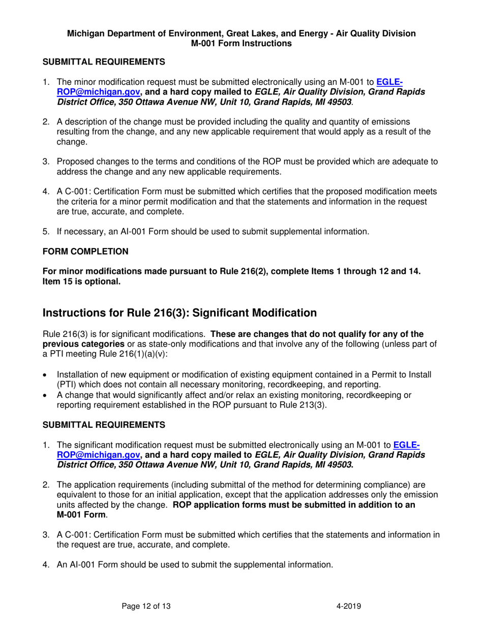 Instructions for Form M-001, EQP5775 Renewable Operating Permit - Rule 215 Change Notification or Rule 216 Amendment / Modification Application - Michigan, Page 12