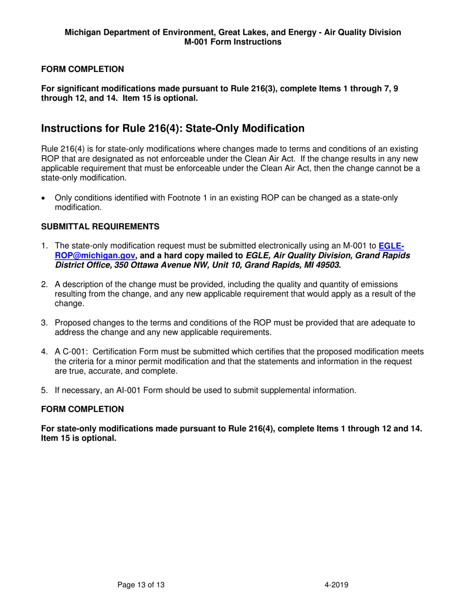 Instructions for Form M-001, EQP5775 Renewable Operating Permit - Rule 215 Change Notification or Rule 216 Amendment / Modification Application - Michigan, Page 13