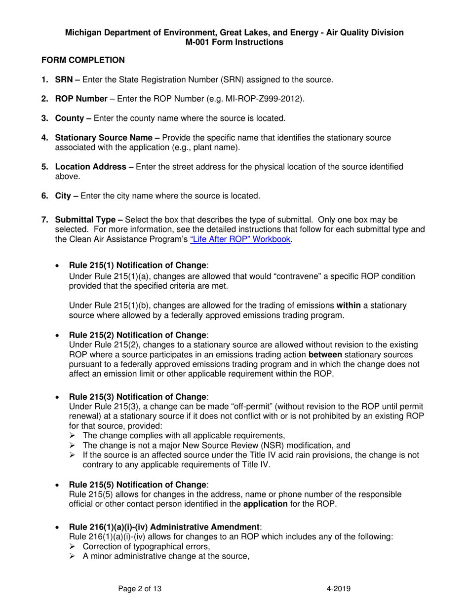 Instructions for Form M-001, EQP5775 Renewable Operating Permit - Rule 215 Change Notification or Rule 216 Amendment / Modification Application - Michigan, Page 2