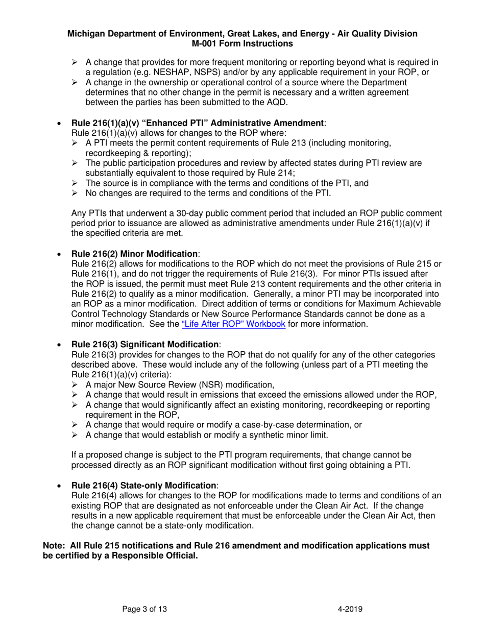 Instructions for Form M-001, EQP5775 Renewable Operating Permit - Rule 215 Change Notification or Rule 216 Amendment / Modification Application - Michigan, Page 3
