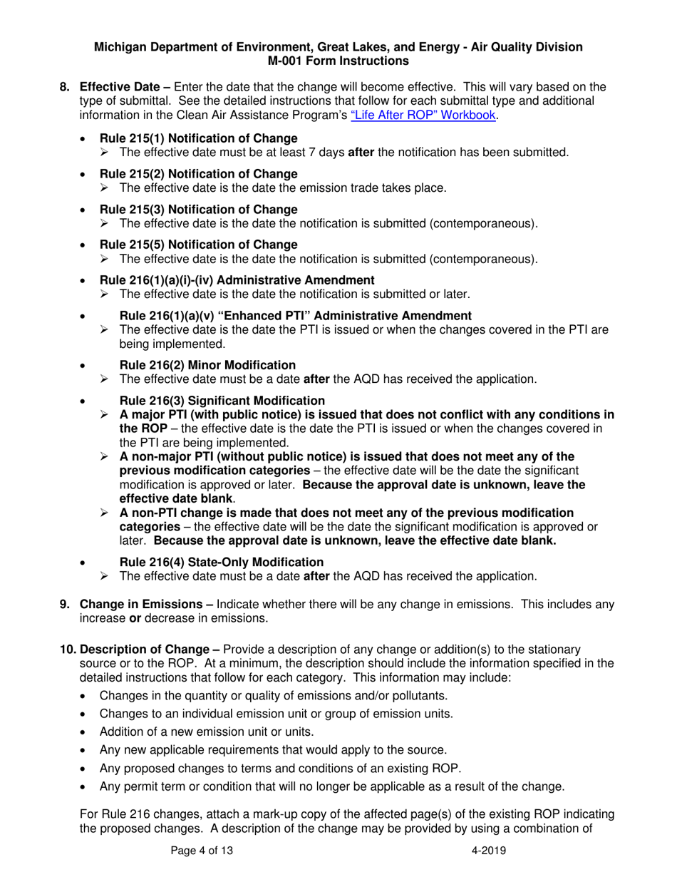Instructions for Form M-001, EQP5775 Renewable Operating Permit - Rule 215 Change Notification or Rule 216 Amendment / Modification Application - Michigan, Page 4
