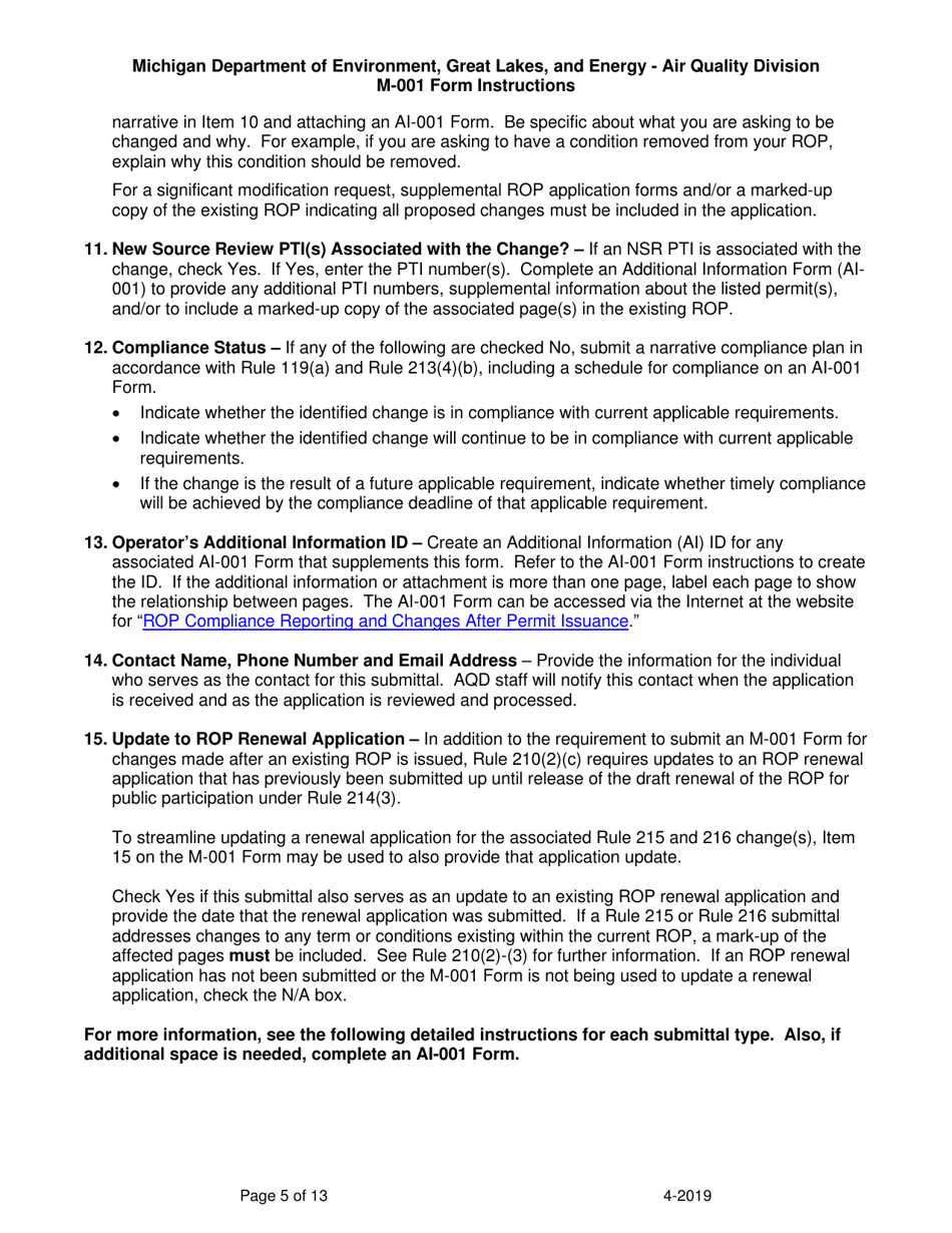 Instructions for Form M-001, EQP5775 Renewable Operating Permit - Rule 215 Change Notification or Rule 216 Amendment / Modification Application - Michigan, Page 5